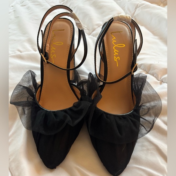 Lulus Kyliee Black Tulle Ankle Strap Pointed Toe Pumps - Picture 2 of 5